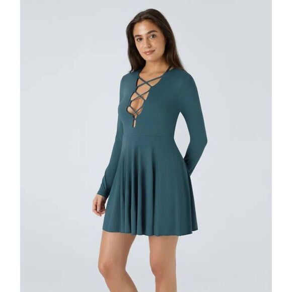 Halara Lace Up Long Sleeve Mini Dress - Picture 3 of 7